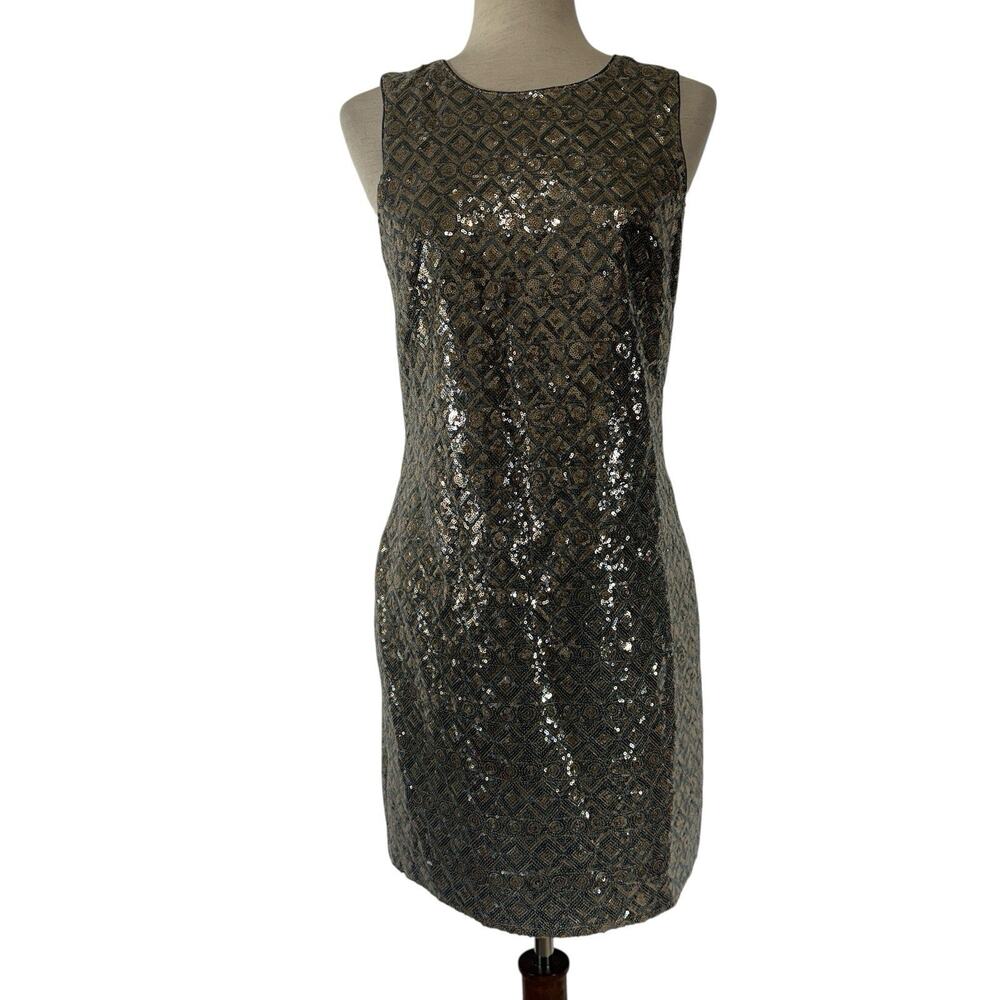 Banana Republic Cocktail Dress Women 6 Gold Silver Metallic Sequin Shift Party - Picture 2 of 12